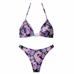 NWT XS / S Victoria's Secret Floral Bikini Set Rhinestone Black Purple Swim 90s